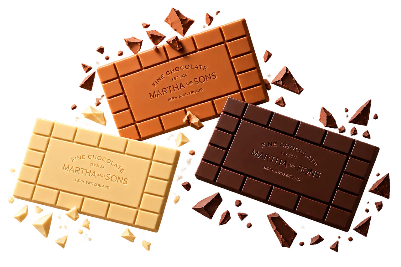 Drei schwebende Schokoladentafeln von MARTHA AND SONS mit Splittern